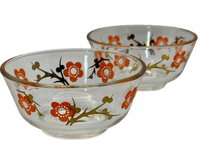Pair 1960s Hippie Retro Mid Century Modern Orange Gold Flower Power Bowls Daisy-image