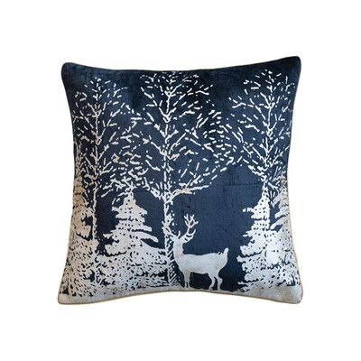 Square Cotton Velvet Printed Foil Pillow with Winter Scene and Piping, Color,...-image