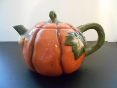 Halloween Orange Ceramic Pumpkin Four Cup Teapot 6 inch High 9 inch long-image