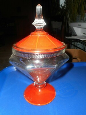 Mid Century Clear Glass Candy Dish/Jar w Retro Orange Glass Lid Distinct Style-image