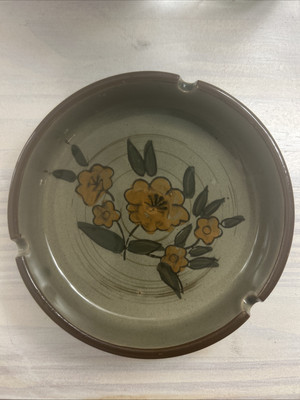 Vintage Mid Century Porcelain 5” Hand painted Orange Floral Ashtray-image