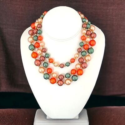 Vintage Necklace Gold Tone Orange Green Brown Beads Mid Century  1S-image