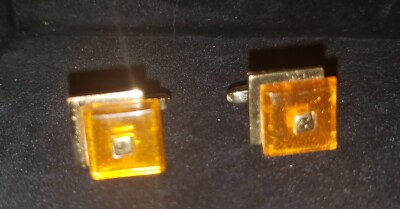 Vintage 60s Cufflinks Gold Tone Orange Square Hickok Mid Century Modern -image