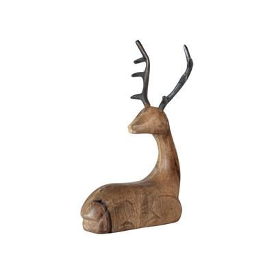 Mango Wood Lying Reindeer with Aluminum Antlers, Natural and Black-image