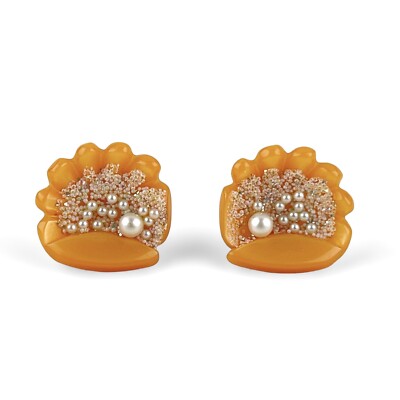 Vintage Clip-On Shell Earrings Orange Lucite Beads Faux Pearls Mid-Century-image