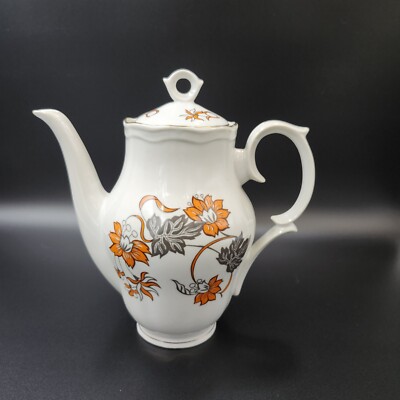 Cmielo Poland Porcelain Pottery Coffee Pot White Orange Flowers & Gray Leaves-image