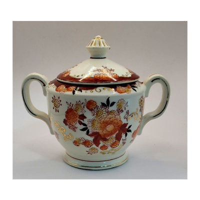 Hand Painted Porcelain Sugar Bowl Japan Burnt Orange and Gold Floral Accents VTG-image