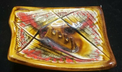 Mid Century Modern Ash Tray California USA Pottery E32 Red Orange Flame GL4-image