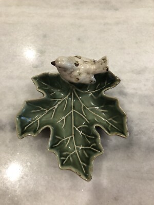 Bird On Leaf Ceramic Trinket Dish Creative Co-op Distressed Cottagecore Rustic-image