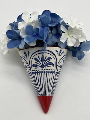 Creative Co-op Stoneware Wall Cone Vase, Wall Pocket, Blue, White & Red W/Flower-image
