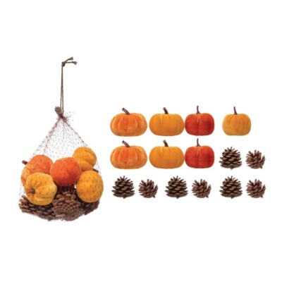 Creative Co-Op Bag of 16 Velvet Orange Pumpkins & Pine Cones-image
