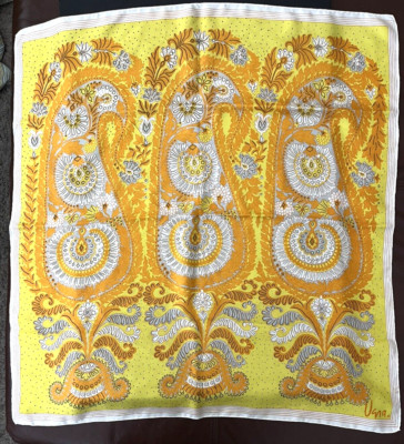 Vintage Vera Neumann Silk Scarf Mid Century Paisley Yellow Orange 30