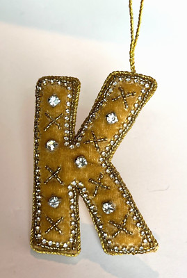 Creative Co-Op Monogram Initial Gold Velvet Beaded Ornament Letter 