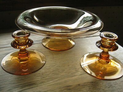 Mid Century Modern Amber Orange Depression Glass Console Bowl W/ Candle Holders-image