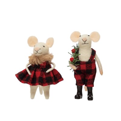 Creative Co-op - Wool Felt Mouse in Red Plaid Outfit Set of 2 - XS1248A-image