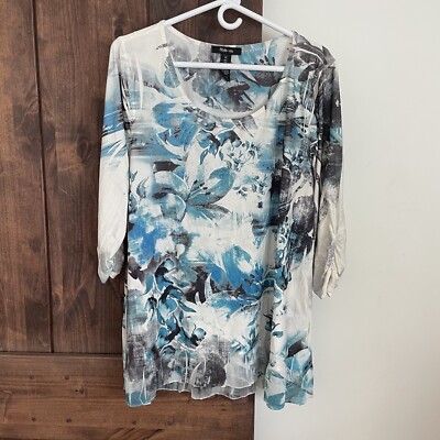 Style & Co Boho Floral XL Blue Scoop Neck Artsy Funky Ruffle Hem Fairy-image