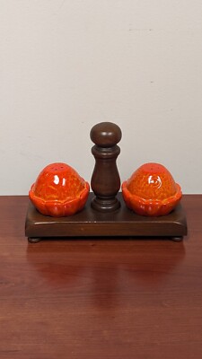 Vintage / MCM Orange Sunmar Squash Salt & Pepper Shaker Set in Wood Stand-image