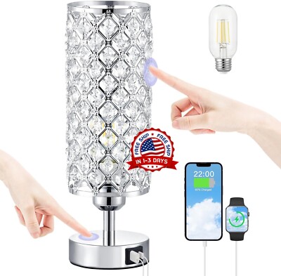 Lampara Cristal Color Plata De Mesa Con Puerto USB Mesita Noche Para Cuarto Casa-image