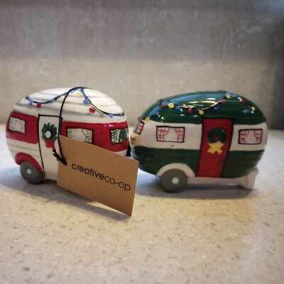 NEW Happy Camper Christmas Salt And Pepper Shakers CREATIVE CO-OP Set of  2-image