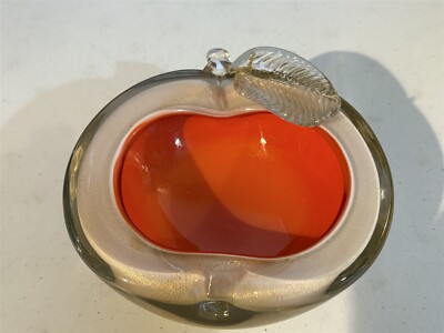 mid-century Alfredo Barbini Murano glass ashtray, gold fleck, orange tangerine-image