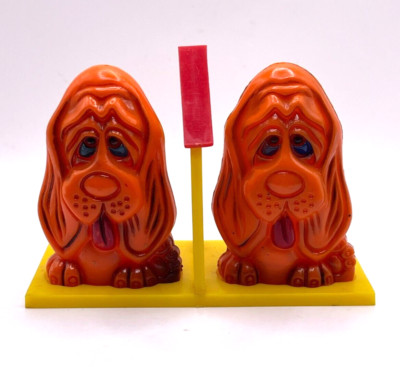 Vintage Orange Celluloid Hound Dog Salt & Pepper Shakers w/ Holder circa 1970's-image