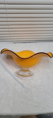 Mid Century Hand Blown Art Glass Orange Clear Pedestal COMPOTE BOWL-image