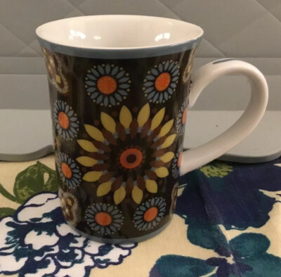 Vera Bradley Coffee Tea Mug Cup Flowers Blue Yellow Mid Century Modern Nice Gift-image