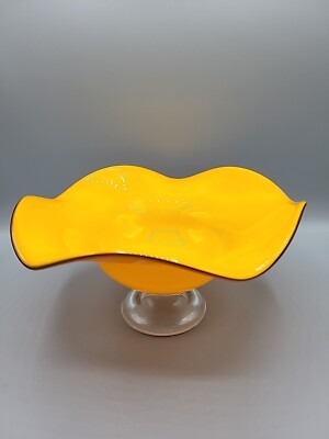Vintage Art Glass Contemporary Style Orange Pedestal Centerpiece Bowl-image