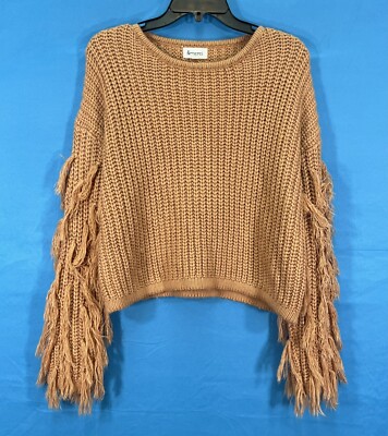 &MERCI Faded Orange MID-WEIGHT KNIT Tassel Sleeves CROPPED Pullover SWEATER Sz S-image