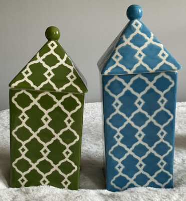Creative Co-Op Trellis Canisters Blue And Green With Lids Set Of 2 Ceramic HTF-image