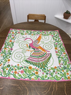 Thailand Peacock Scarf 100% Cotton Pink Green Orange White Mid Century-image