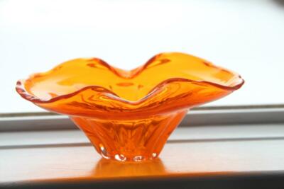 Mid Century Vintage Bright Glowing Orange Free Form Art Glass Bowl~Viking?-image