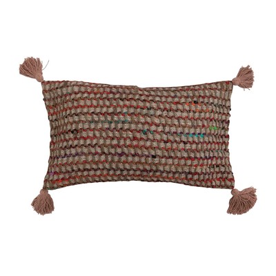 Woven Cotton Blend Lumbar Tassels and Chambray Back Pillow, 24