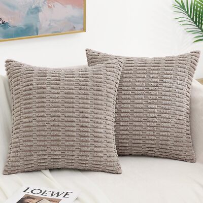 Khaki Decorative Throw Pillow Covers 18x18 Set of 2 Soft Corduroy Striped Squ...-image