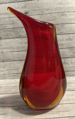 Murano Glass Vase Vintage Amber Sommerso Red 6.5” Mid-Century Red Orange-image