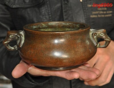 old China Buddhism temple pure bronze elephant head joss Incense burner Censer-image