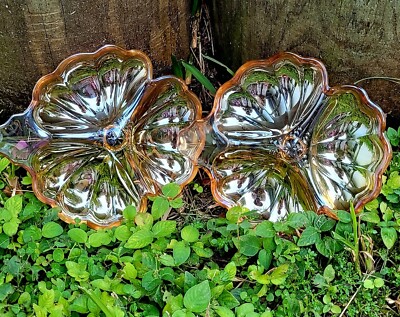 Vintage Jeanette 1965 3 Part Doric Iridescent Clover Shape Candy Dish Marigold.-image