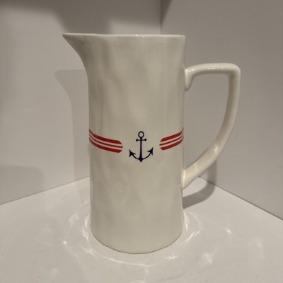 Creative Co-op Stoneware Pitcher Anchor Stripe Americana July Vase-image