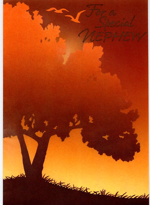 Unused Vintage THANKSGIVING Card NEPHEW Tree Birds Orange Mid Century Mod 1980s-image
