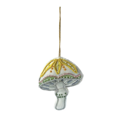 Creative Co-op White & Yellow Cotton Beaded Mushroom Ornament Bauble-image