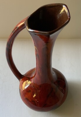 Vintage Mid Century Modern Orange Red Glaze Pitcher Vase Art Pottery 9.5