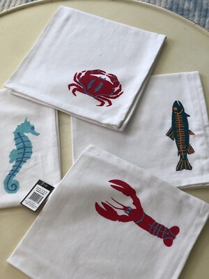Creative Co-op 2 sets of 4 embroidered cotton napkins with sea creatures-image