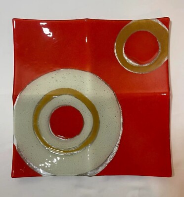 Mid-Century Modern Atomic Age Fused Art Glass Four-Compartment Tray Orange 13”-image