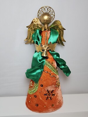 Vtg Mid Century Velvet ANGEL Figure Beaded Sequins Gold Metal Orange Green 10