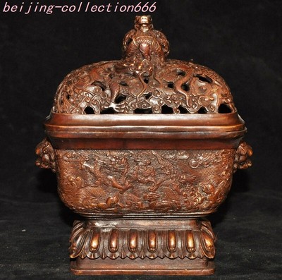 7.6'' China bronze dragon lion foo dog burn incense joss sticks burner censer-image
