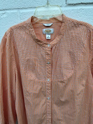 Talbots Orange Checked Mid Arm Sleeve Button Up Stretch Cotton Shirt. Top  XL-image