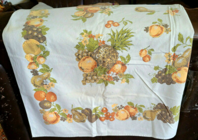 VintageTablecloth Mid Century Summer Fruit  Shades of Orange Peach Brown 46x60-image
