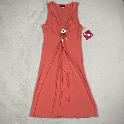 Worship Dress Womens Large Orange Melon Stretch Sleeveless V Neck Mid Length-image