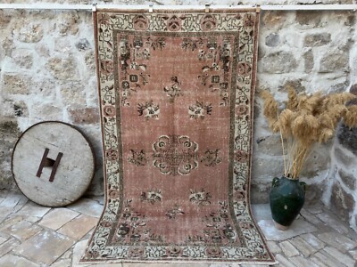 Hand-Knotted Area Turkish Rug 5x9 Pale Orange Wool Medallion Carpet Large-image
