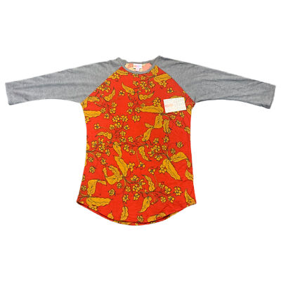 LuLaRoe Womens Orange Randy Floral Mid Length Sleeve Snug Fit T Shirt Size Small-image